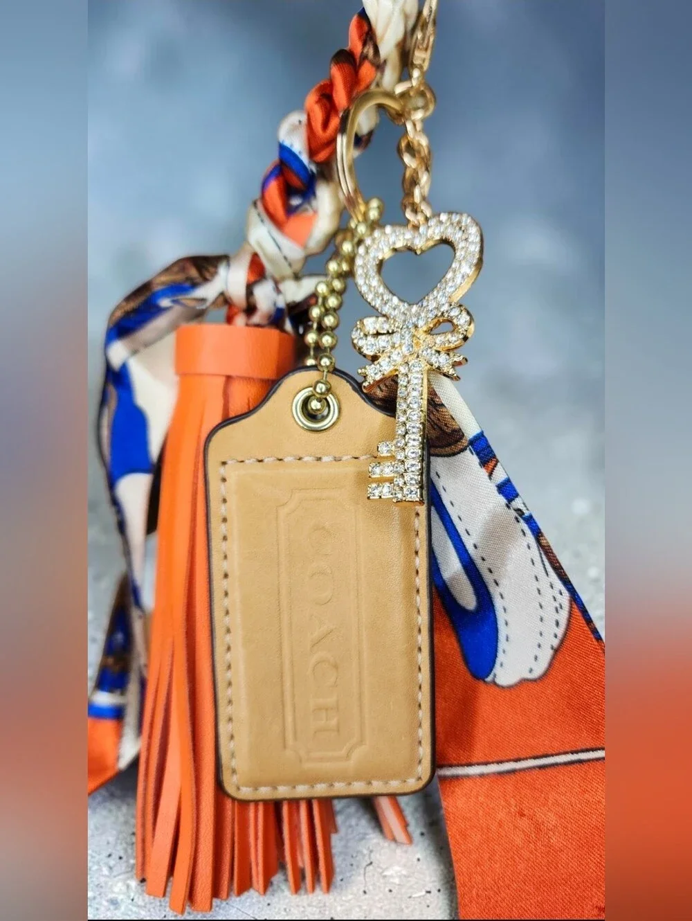 Coach Orange & Blue Scarf Tassel Keychain with Crystal Key & Heart Charm